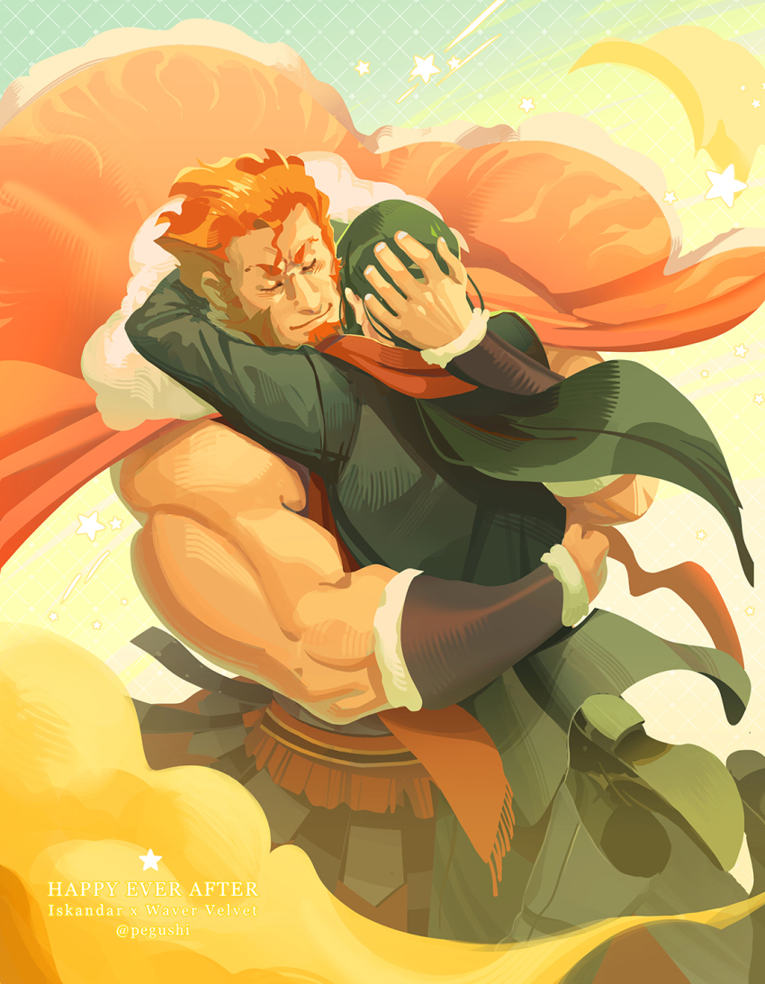 artist_name bara beard cape character_name closed_eyes closed_mouth commentary english_commentary facial_hair fate_(series) from_behind fur-trimmed_cape fur_trim highres hug iskandar_(fate) male_focus muscular muscular_male pegushi red_cape red_hair smile star_(symbol) waver_velvet yaoi