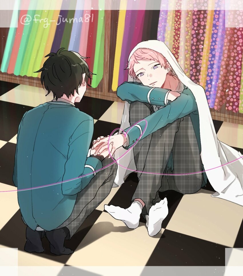 2boys arm_on_knee asymmetrical_bangs black_hair black_socks blanket blazer blue_jacket checkered_floor crossed_legs ensemble_stars! floral_print hand_grab heart highres itsuki_shu jacket juma_(wolf81gizinka) kagehira_mika knees_up multiple_boys on_floor open_mouth pink_hair plaid_clothes plaid_legwear purple_eyes school_uniform short_hair socks twitter_username valkyrie_(ensemble_stars!) white_socks yaoi yumenosaki_school_uniform