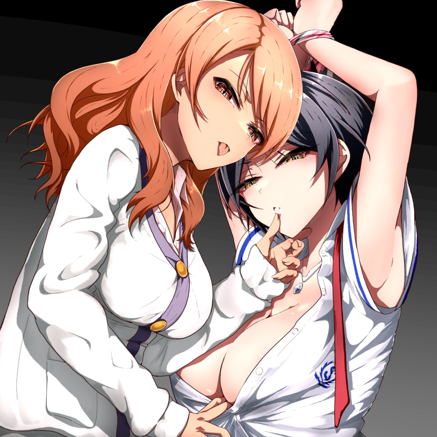2girls arms_up black_hair blush bound bound_wrists breasts cardigan cleavage clothes_pull gradient_background hand_on_another&#039;s_chin hayami_kanade highres hitofudegaki_usagi hojo_karen idolmaster idolmaster_cinderella_girls large_breasts looking_at_viewer multiple_girls orange_hair pulling_another&#039;s_clothes school_uniform shirt_pull simple_background tongue tongue_out upper_body white_cardigan yuri