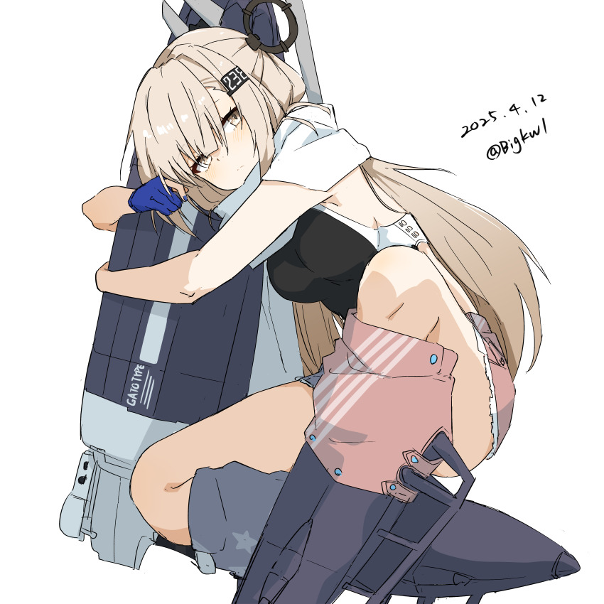 1girl absurdres american_flag american_flag_print american_flag_skirt bigkwl black_one-piece_swimsuit blue_gloves dated denim denim_skirt flag_print gloves grey_eyes grey_hair hair_ornament headgear highres kantai_collection long_hair one-hour_drawing_challenge one-piece_swimsuit partially_fingerless_gloves print_skirt rigging rudder_footwear scarf simple_background skirt solo swimsuit torpedo_launcher twitter_username two-tone_one-piece_swimsuit wahoo_(kancolle) white_background white_scarf