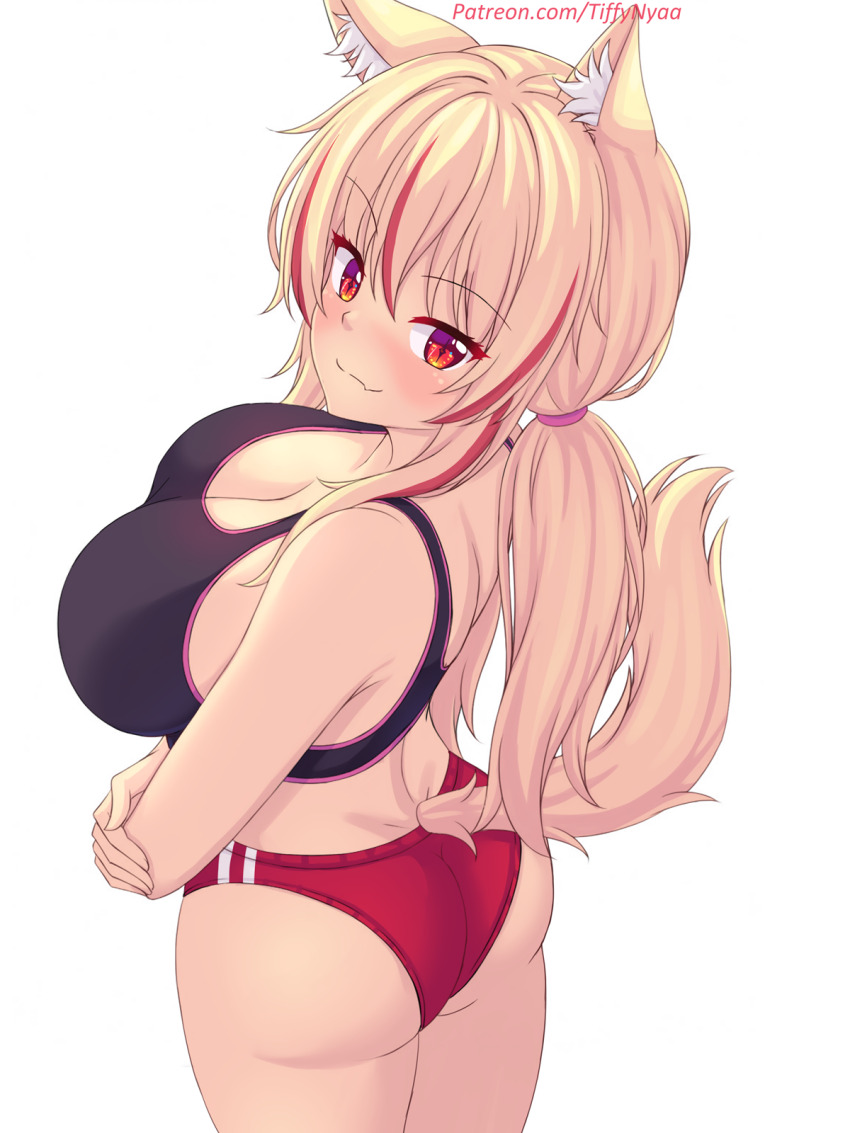 1girl :3 animal_ears ass black_sports_bra blonde_hair blush breasts buruma cat_ears cat_girl cat_tail cleavage collarbone crossed_arms fang from_behind highres large_breasts long_hair looking_at_viewer looking_back low_ponytail multicolored_hair nottytiffy original ponytail red_buruma red_eyes red_hair slit_pupils smile sports_bra standing streaked_hair tail tiffy_(nottytiffy) white_background