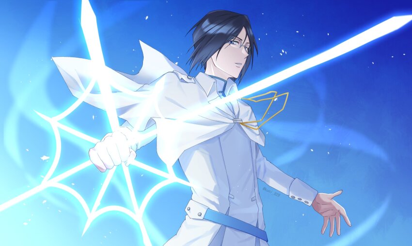 1boy 2023 belt black_hair bleach blue_background blue_belt blue_eyes bow_(weapon) capelet clenched_hand commentary_request dated_commentary energy_weapon fighting_stance floating_clothes glasses highres holding holding_bow_(weapon) holding_weapon ishida_uryuu kuni_929 light_smile long_sleeves looking_at_viewer male_focus parted_bangs parted_lips shirt short_hair simple_background solo three_quarter_view upper_body weapon white_capelet white_shirt