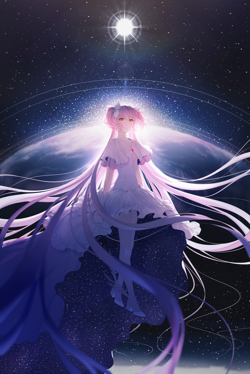 1girl a_world_underneath absurdly_long_hair absurdres arms_at_sides backlighting baizhou_zhi_ying blurry bokeh bow choker cleavage_cutout closed_mouth clothing_cutout collarbone depth_of_field dot_nose dress earth_(planet) floating_hair frilled_dress frills full_body gem gloves hair_between_eyes hair_bow high-low_dress high_heels highres kaname_madoka layered_clothes layered_dress layered_sleeves lens_flare light_smile long_dress long_hair mahou_shoujo_madoka_magica mahou_shoujo_madoka_magica_(anime) pink_gemstone pink_hair pink_thighhighs planet pumps shoes sidelocks sky solo space star_(sky) starry_sky starry_sky_print straight_hair sunlight sunrise thighhighs two_side_up ultimate_madoka very_long_hair white_bow white_choker white_dress white_gloves white_shoes wide_sleeves winged_shoes wings yellow_eyes zero_gravity zettai_ryouiki