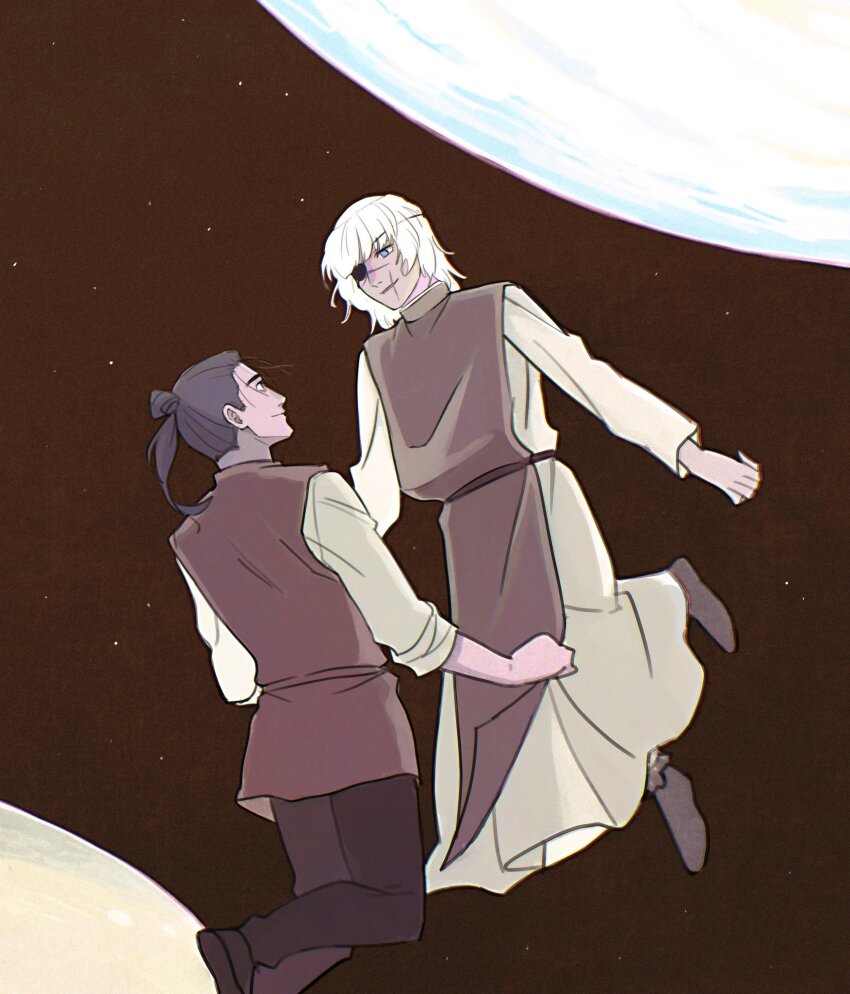 2boys badeni black_hair black_pants blonde_hair blunt_bangs chi.:_chikyuu_no_undou_ni_tsuite eyepatch floating foot_out_of_frame full_body full_moon hair_bun highres looking_at_another male_focus medium_hair moon multiple_boys oczy pants robe scar scar_on_face scar_on_mouth scar_on_nose shirt smile tonsure white_robe white_shirt yuyuyuyriri