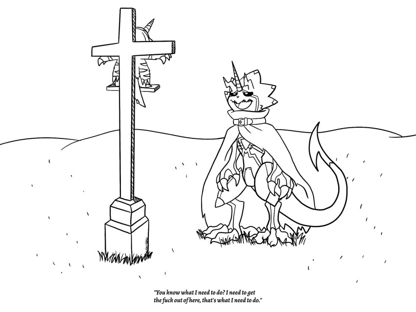 cape crucifixion digimon digimon_(creature) digimon_ghost_game gabumon gulusgammamon highres horns meme tail