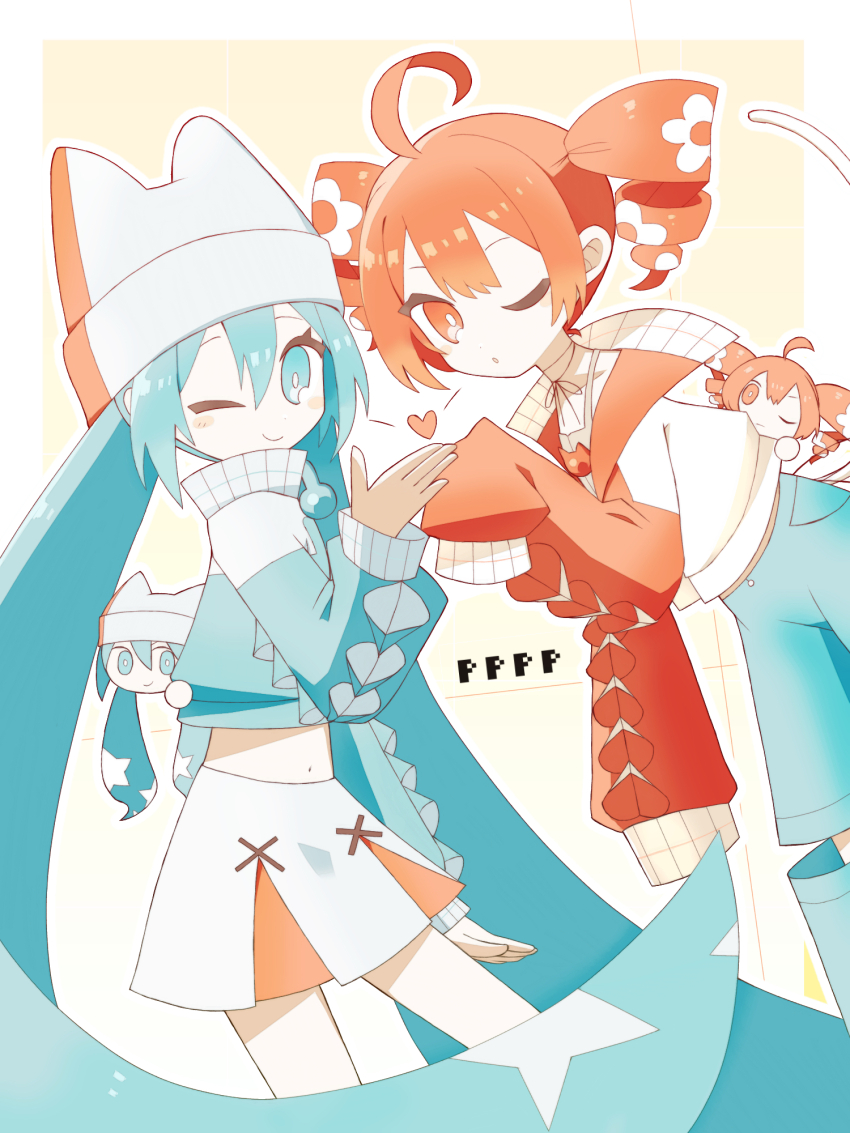 2girls ahoge aqua_eyes aqua_jacket cropped_jacket drill_hair hat hat_with_ears hatsune_miku heart highres jacket kasane_teto long_hair long_sleeves looking_at_viewer mido_(gomachaxx) miniskirt multiple_girls one_eye_closed pppp_(vocaloid) red_eyes red_hair skirt sleeves_past_fingers sleeves_past_wrists song_name twin_drills utau very_long_hair vocaloid white_skirt