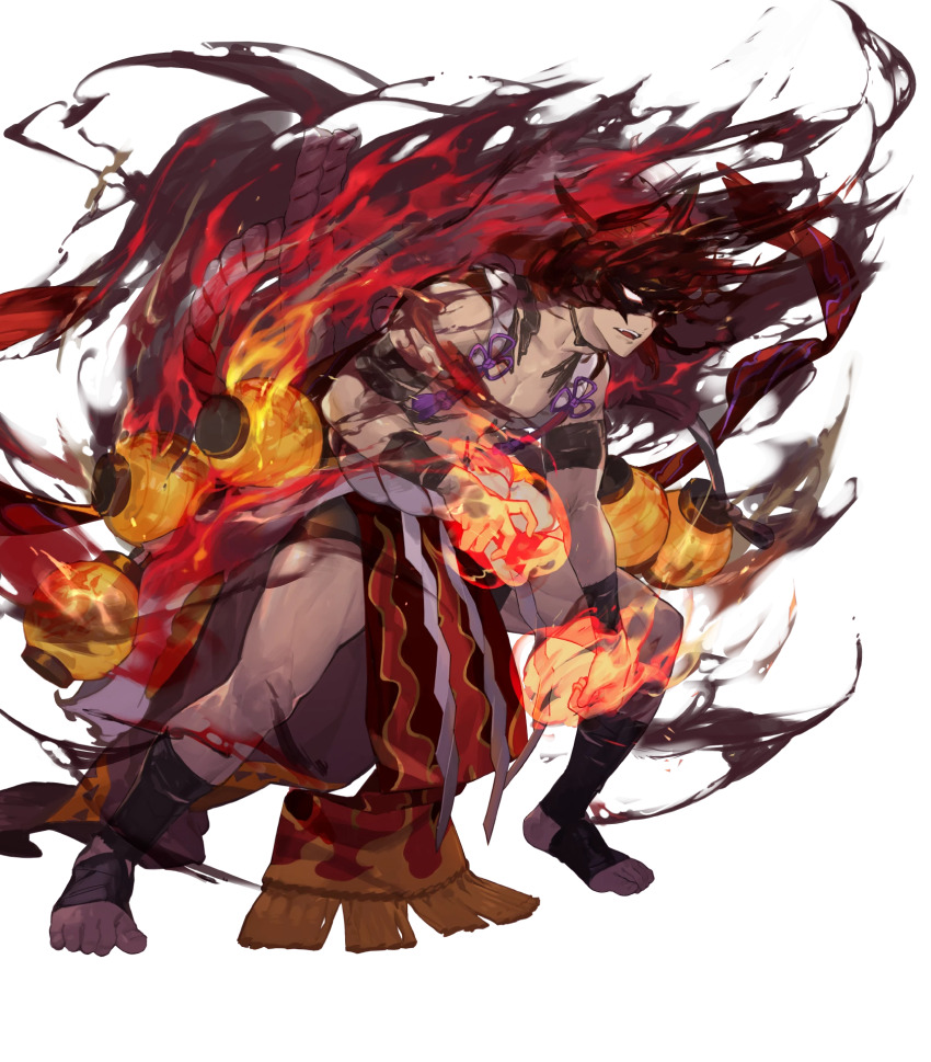 1boy abs attack bara black_fire body_markings dark-skinned_male dark_skin dragon_mask fake_hair fire fire_emblem fire_emblem_heroes flaming_hand glowing glowing_eyes highres muscular muscular_male muspell_(fire_emblem) muspell_(flame)_(fire_emblem) nintendo non-web_source official_alternate_costume official_art orange_hair pelvic_curtain shawl smile solo sumo