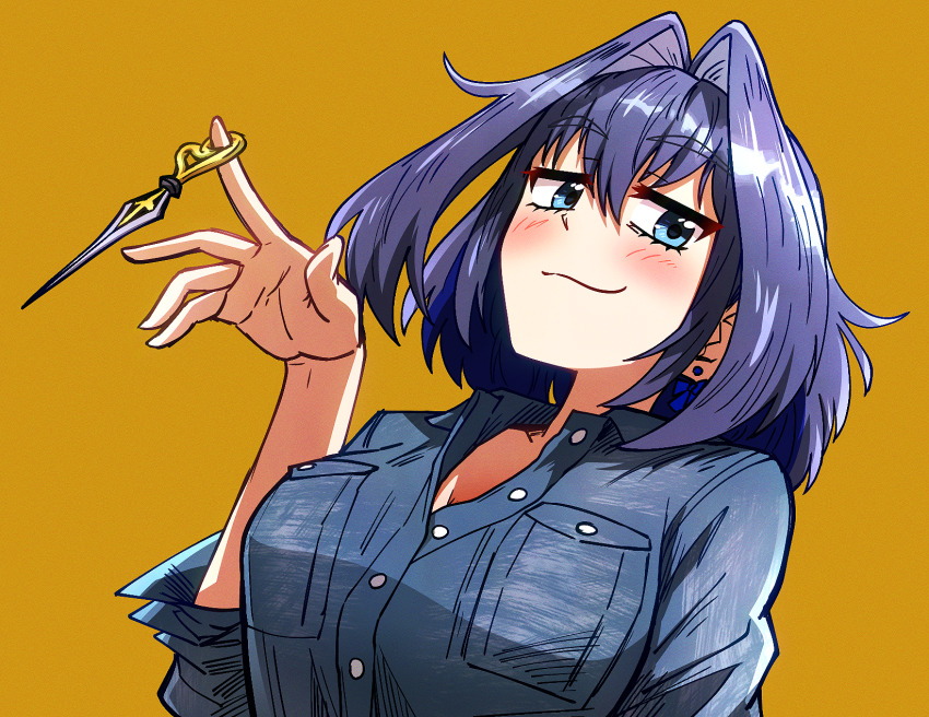 1girl alternate_costume black_hair blue_eyes blue_shirt blush breasts closed_mouth commentary ddolbang denim_shirt earrings hair_intakes highres hololive hololive_english jewelry large_breasts looking_at_viewer ouro_kronii shirt short_hair smile smug solo stud_earrings upper_body virtual_youtuber yellow_background