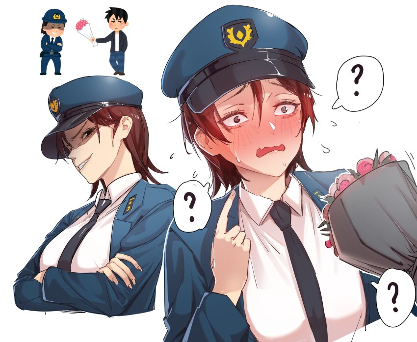 1boy 1girl ? @_@ absurdres black_jacket black_necktie blue_hat blue_jacket blue_pants blush bouquet breasts brown_hair collared_shirt crossed_arms dress_shirt embarrassed evil_grin evil_smile fad_star fangs flower flying_sweatdrops full-face_blush grin hair_between_eyes hat highres irasutoya irasutoya_challenge jacket large_breasts long_sleeves necktie open_clothes open_jacket open_mouth pants peaked_cap pink_flower pointing pointing_at_self police police_uniform policewoman shaded_face shirt short_hair smile spoken_question_mark sweat white_background white_shirt wing_collar