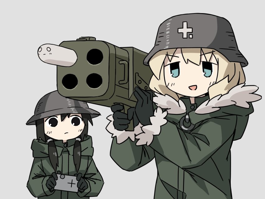 2girls black_eyes black_gloves black_hair black_hat chito_(shoujo_shuumatsu_ryokou) coat combat_helmet fur-trimmed_coat fur_trim gloves green_coat hat helmet highres looking_at_another m202_flash multiple_girls multishot_rocket_launcher niboshi_917 nuko_(shoujo_shuumatsu_ryokou) rocket_launcher shoujo_shuumatsu_ryokou tsukumizu_yuu_(style) weapon white_background yuuri_(shoujo_shuumatsu_ryokou)