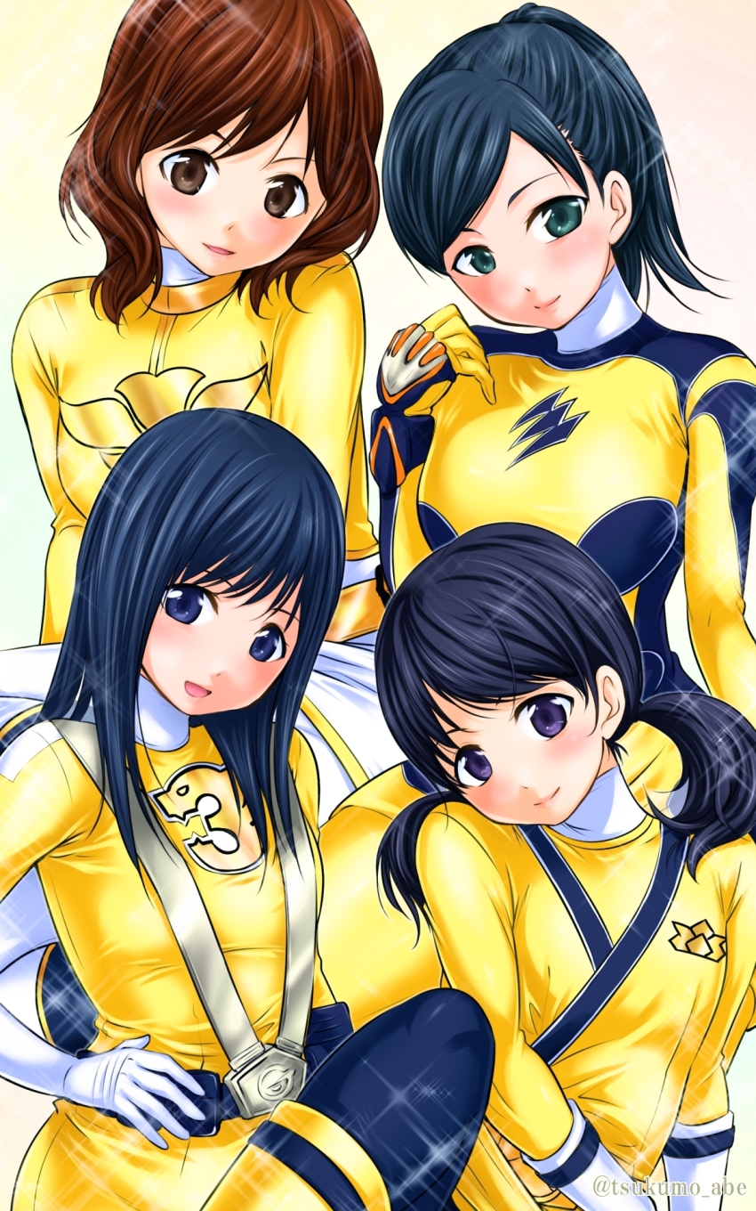 4girls abe_tsukumo animification belt black_hair black_pantyhose blue_eyes blush bob_cut bodysuit boots brown_eyes brown_hair closed_mouth color_connection commentary elbow_gloves engine_sentai_go-onger feet_out_of_frame geki_yellow gloves go-on_yellow gosei_yellow green_eyes group_picture hanaori_kotoha hand_on_own_hip head_tilt highres juuken_sentai_gekiranger long_hair moune multiple_girls no_headwear open_mouth pantyhose ponytail purple_eyes rouyama_saki samurai_sentai_shinkenger shinken_yellow short_hair short_twintails sitting skin_tight skirt smile squatting straight_hair super_sentai tensou_sentai_goseiger tokusatsu turtleneck twintails two-tone_bodysuit uzaki_ran white_gloves white_pantyhose white_skirt yellow_bodysuit yellow_boots yellow_gloves yellow_skirt