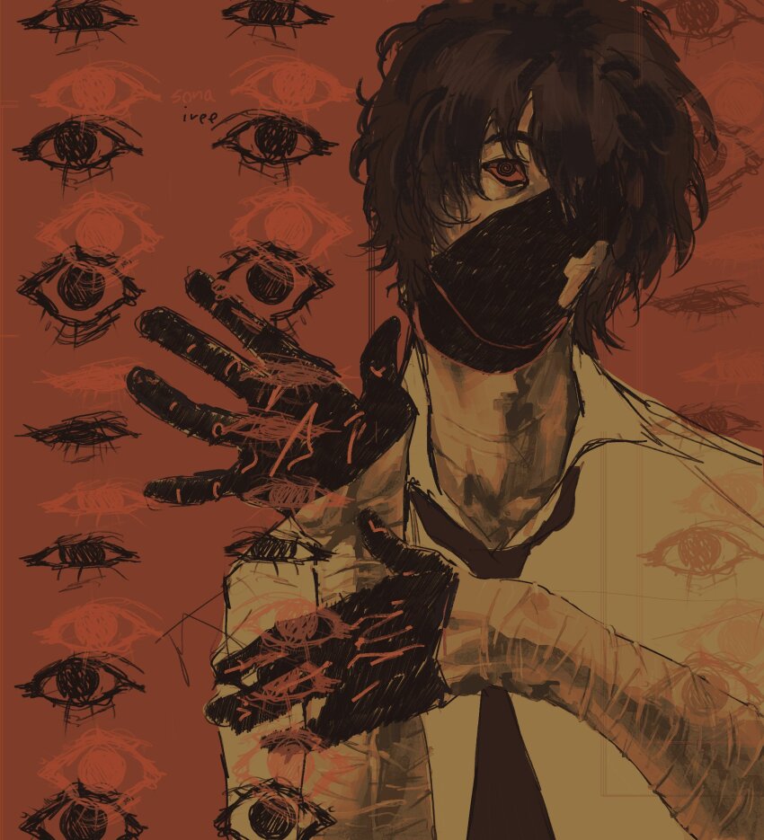 1boy arms_up bags_under_eyes black_eyes black_gloves black_necktie brown_hair bungou_stray_dogs collared_shirt colored_sclera dazai_osamu_(bungou_stray_dogs) gloves hair_over_one_eye head_tilt highres looking_at_viewer male_focus mask messy_hair multiple_scars necktie outstretched_hand partially_shaded_face raised_eyebrows red_sclera scar scar_on_arm shirt short_hair sketch_inset solo sonaireeart too_many_eyes upper_body white_shirt wrist_cutting