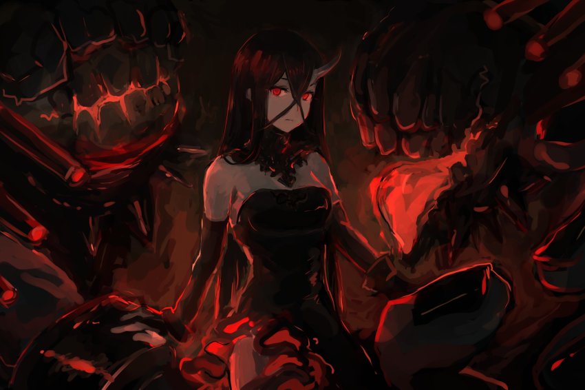 1girl absurdres abyssal_ship bare_shoulders battleship_water_oni black_dress black_gloves black_hair breasts closed_mouth colored_skin crossed_bangs cuffs dress elbow_gloves gloves highres horns kantai_collection long_hair moor pale_skin red_eyes single_horn solo strapless strapless_dress teeth tongue white_skin