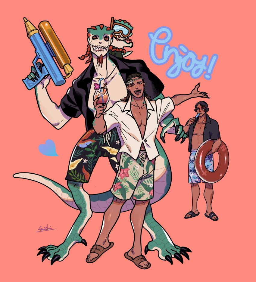 4boys arm_up black_footwear black_shirt braid brown_footwear brown_hair chibi claws collared_shirt colored_sclera colored_skin commentary cup dark-skinned_male dark_skin digitigrade drinking_glass english_commentary english_text fangs floral_print food full_body glasgow_smile green_scales green_skin grin hand_up heart highres holding holding_cup holding_swim_ring holding_water_gun identity_v innertube lizard_tail long_hair looking_at_viewer luchino_(identity_v) luchino_diruse male_focus mini_evil_reptilian multicolored_skin multiple_boys norton_campbell open_mouth pink_background plunging_neckline popsicle red_hair red_sclera reptile_boy saichiidv sandals scales sharp_teeth shirt short_hair short_sleeves shorts signature simple_background slit_pupils smile snorkel standing swim_ring tail teeth toned toned_male water_gun white_eyes white_shirt wine_glass