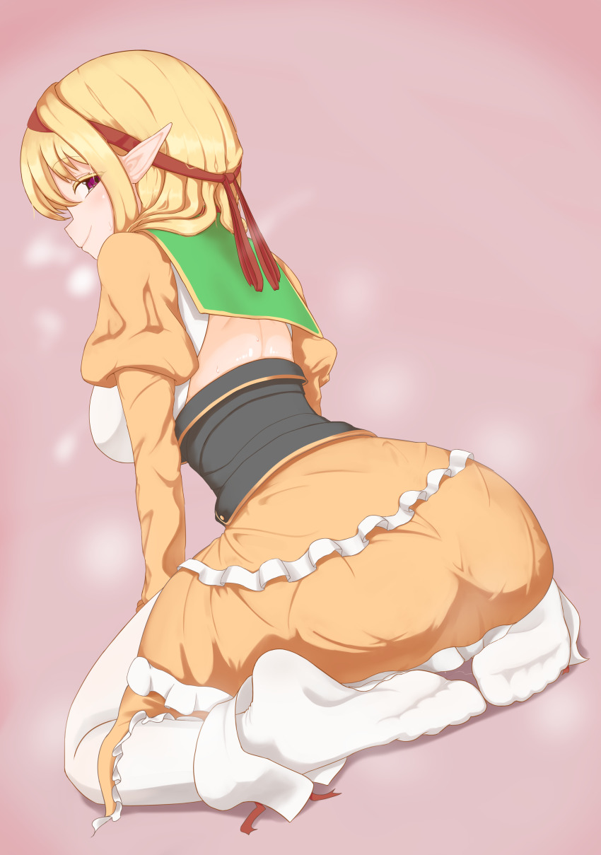 absurdres anonymous_elf blonde_hair breasts elf from_behind highres jing_ling_bian_qian_bei_fen_ku large_breasts looking_at_viewer no_shoes original pantyhose pink_eyes pointy_ears sitting socks soles wariza white_pantyhose white_socks