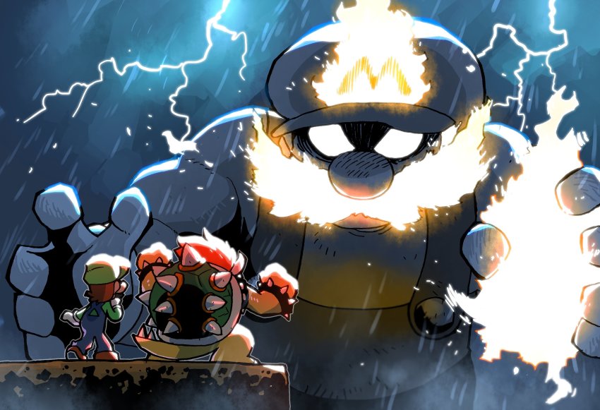 3boys armlet big_nose bowser bracelet brown_hair cliff commentary electricity english_commentary eye_contact facial_hair fury_bowser giant gloves glowing green_headwear highres jewelry lightning long_sleeves looking_at_another luigi mario mario_(series) multiple_boys mustache nintendo outdoors overalls rain rainfire rariatto_(ganguri) red_hair role_reversal size_difference spiked_armlet spiked_bracelet spiked_shell spiked_tail spikes standing storm super_mario_3d_world tail white_gloves