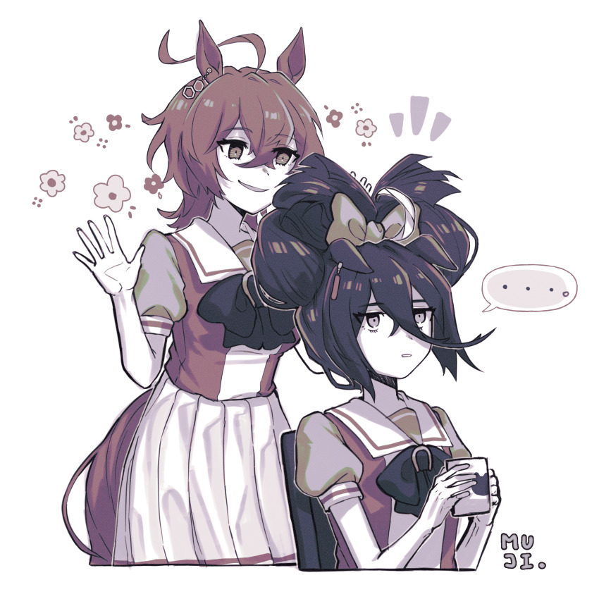 ... 2girls absurdres agnes_tachyon_(umamusume) ahoge alternate_hairstyle animal_ears artist_name black_hair borrowed_hairstyle brown_eyes brown_hair cinnamiku_hairstyle coffee_mug crossed_bangs cup hair_between_eyes highres horse_ears horse_girl manhattan_cafe_(umamusume) mug mujintou_png multiple_girls pleated_skirt school_uniform shirt short_hair simple_background skirt smile spoken_ellipsis tracen_school_uniform umamusume white_background white_shirt