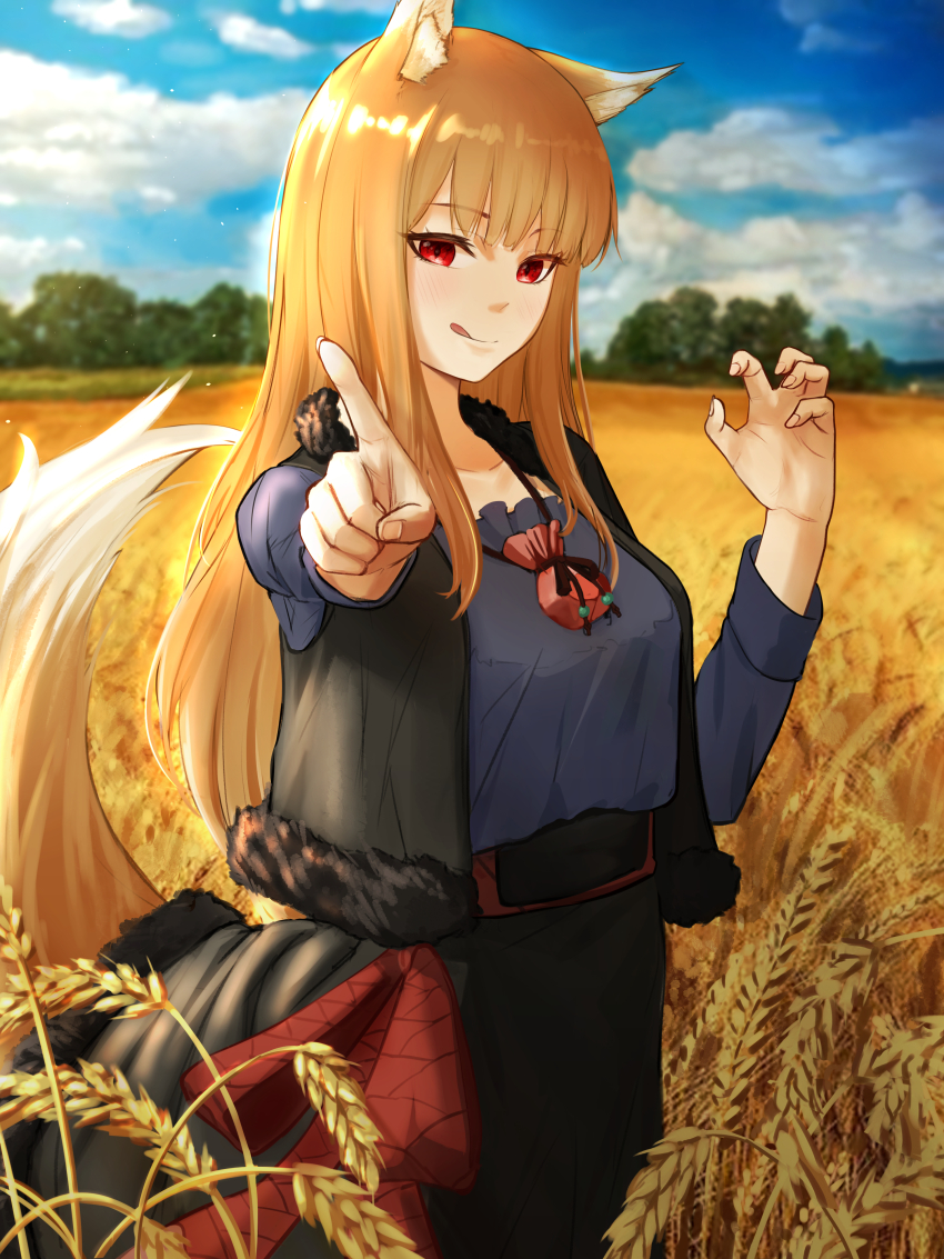 1girl :p absurdres animal_ear_fluff animal_ears black_skirt black_vest blue_shirt blue_sky brown_hair closed_mouth cloud cloudy_sky dsru fur-trimmed_skirt fur-trimmed_vest fur_trim hand_up highres holo index_finger_raised long_hair long_sleeves looking_at_viewer outdoors pouch red_eyes shirt sidelocks skirt sky smile solo spice_and_wolf tail tongue tongue_out vest wheat wheat_field wolf_ears wolf_girl wolf_tail