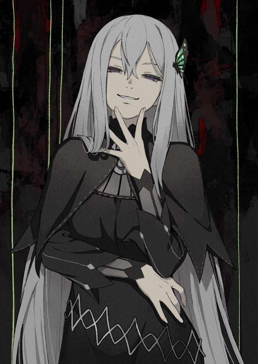 1girl black_capelet black_dress breasts bug butterfly butterfly_hair_ornament capelet commentary_request dress echidna_(re:zero) evil_smile grey_hair grin hair_between_eyes hair_ornament half-closed_eyes hand_up head_tilt highres insect iwamushi long_hair long_sleeves looking_at_viewer medium_breasts parted_lips patterned_background purple_eyes re:zero_kara_hajimeru_isekai_seikatsu revision smile solo spread_fingers standing striped_sleeves