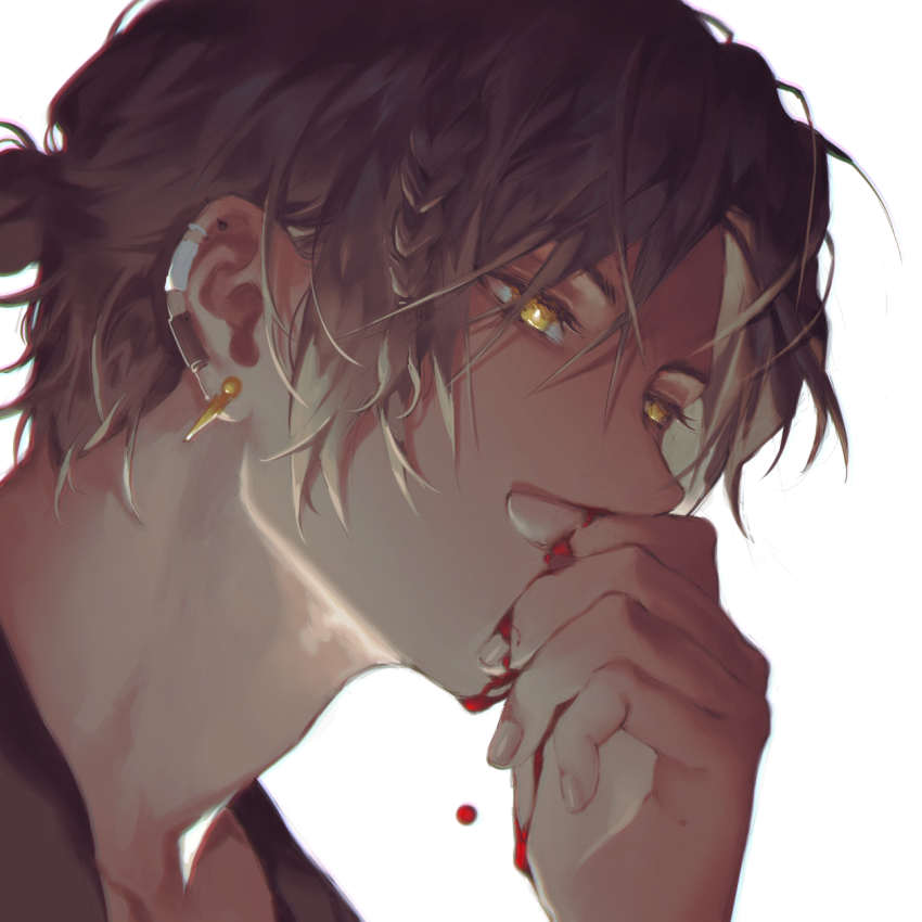 1boy arknights black_hair blood blood_on_face blood_on_hands braid covered_mouth covering_own_mouth dark-skinned_male dark_skin dripping earclip earrings empty_eyes eyelashes fingernails half-closed_eyes hand_over_own_mouth hand_up highres holding_nose jewelry looking_away male_focus manjyufroth nosebleed ponytail portrait short_hair side_braid simple_background single_braid solo thorns_(arknights) white_background yellow_eyes