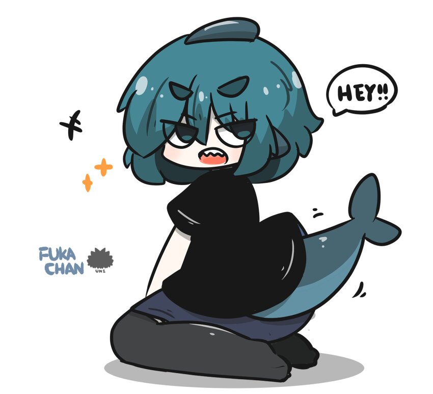 +++ 1girl black_shirt black_thighhighs blue_eyes blue_hair blue_skirt character_name chibi commentary english_commentary fins fish_tail from_side fuka-chan full_body hair_between_eyes highres motion_lines open_mouth original pantyhose sea_urchin shadow shark_tail sharp_teeth shirt short_eyebrows short_sleeves simple_background sitting skirt solo sparkle tail teeth thick_eyebrows thighhighs uni_souchou v-shaped_eyebrows wariza white_background