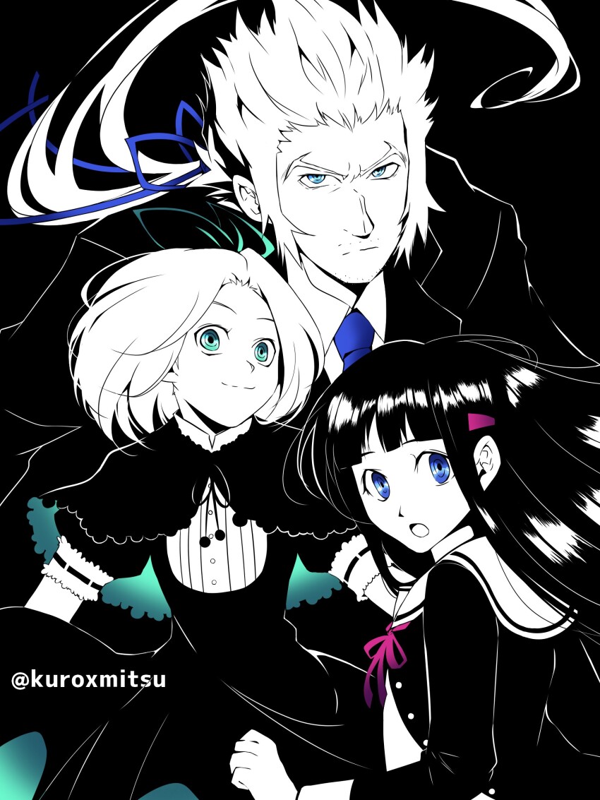 1boy 2girls absurdres blue_eyes blue_necktie blue_ribbon capelet classicaloid closed_mouth facial_hair formal_clothes goatee_stubble greyscale hair_ornament hairclip highres johann_sebastian_bach_(classicaloid) kuroxmitsu_kinako monochrome multiple_girls mustache_stubble necktie open_mouth pink_ribbon ponytail pyotr_illyich_tchaikovsky_(classicaloid) ribbon ringed_eyes sailor_collar spot_color stubble suit tekla_badarzewska-baranowska_(classicaloid) twitter_username