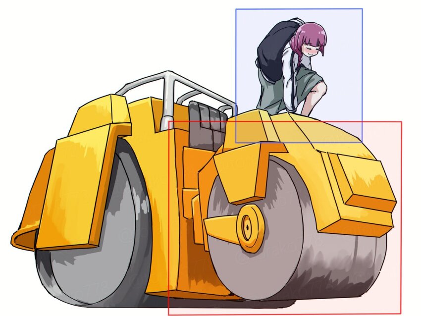 1girl black_jacket bocchi_the_rock! dio_brando dress fighting_game green_dress hiroi_kikuri hitbox jacket jojo_no_kimyou_na_bouken jojo_no_kimyou_na_bouken:_mirai_e_no_isan long_hair object_focus pink_hair simple_background solo stardust_crusaders steamroller torako_(toramaru) white_background wide_shot
