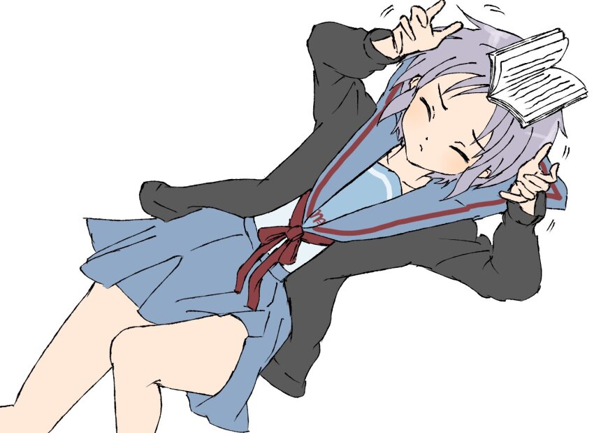 1girl black_cardigan blue_sailor_collar blue_skirt cardigan closed_eyes closed_mouth collarbone feet_out_of_frame flat_chest frown hands_up kita_high_school_uniform knees light_blush long_sleeves lying nagato_yuki on_back open_cardigan open_clothes parted_bangs purple_hair red_ribbon ribbon sailor_collar school_emblem school_uniform serafuku shirt short_hair simple_background skirt solo suzumiya_haruhi_no_yuuutsu waka_849 white_background white_shirt winter_uniform