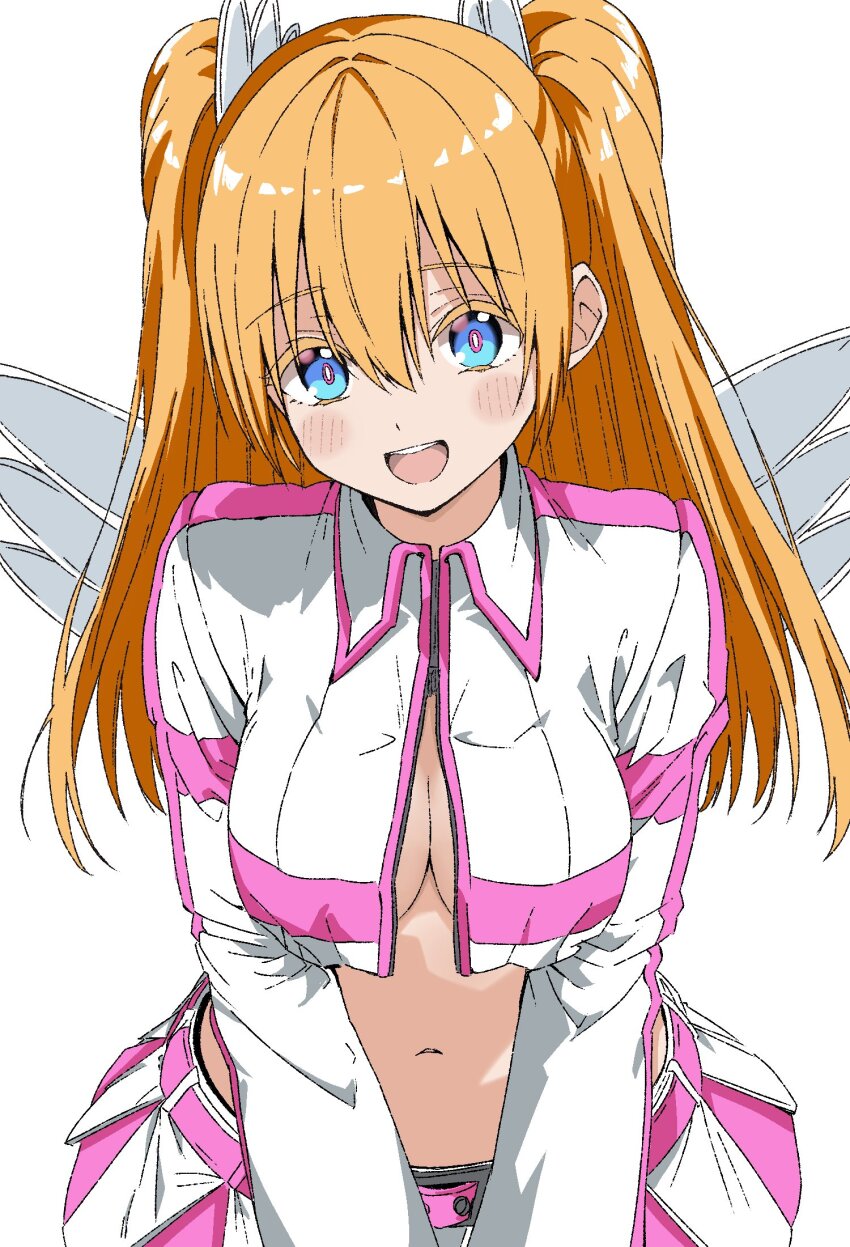 2.5_jigen_no_ririsa amano_ririsa angel_wings belt blonde_hair blue_eyes breasts cleavage cosplay crop_top crop_top_overhang fake_wings highres large_breasts liliel_(2.5_jigen_no_ririsa) liliel_(2.5_jigen_no_ririsa)_(cosplay) long_sleeves looking_at_viewer maho_ron1 multicolored_skirt navel open_mouth partially_unzipped pink_skirt simple_background skirt smile solo stomach twintails white_background white_skirt wings zipper zipper_pull_tab