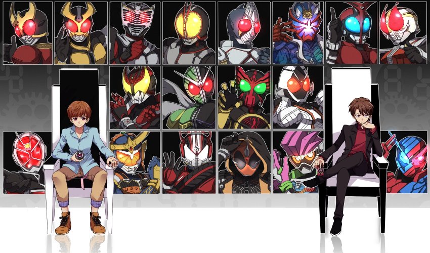 brown_hair card crossed_legs glowing glowing_eyes head_rest highres hood kadoya_tsukasa kamen_rider kamen_rider_555 kamen_rider_agito kamen_rider_agito_(series) kamen_rider_blade kamen_rider_blade_(series) kamen_rider_build kamen_rider_build_(series) kamen_rider_dcd kamen_rider_den-o kamen_rider_den-o_(series) kamen_rider_double kamen_rider_drive kamen_rider_drive_(series) kamen_rider_ex-aid kamen_rider_ex-aid_(series) kamen_rider_faiz kamen_rider_fourze kamen_rider_fourze_(series) kamen_rider_gaim kamen_rider_gaim_(series) kamen_rider_ghost kamen_rider_ghost_(series) kamen_rider_hibiki kamen_rider_hibiki_(series) kamen_rider_kabuto kamen_rider_kabuto_(series) kamen_rider_kiva kamen_rider_kiva_(series) kamen_rider_kuuga kamen_rider_kuuga_(series) kamen_rider_ooo kamen_rider_ooo_(series) kamen_rider_ryuki kamen_rider_ryuki_(series) kamen_rider_w kamen_rider_wizard kamen_rider_wizard_(series) kamen_rider_zi-o_(series) pink_eyes pointing pointing_at_self pointing_up reaching reaching_towards_viewer scarf sitting smile throne thumbs_up tokiwa_sougo yoshino_(gunform)
