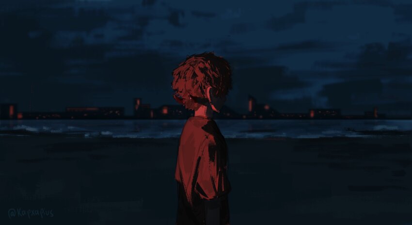 1boy abstract beach building city city_lights cloud highres horns ja_wangnan kapxapius looking_at_another night night_sky ocean red_light sand scenery shaded_face shadow shirt short_hair sky small_horns solo tower_of_god underlighting