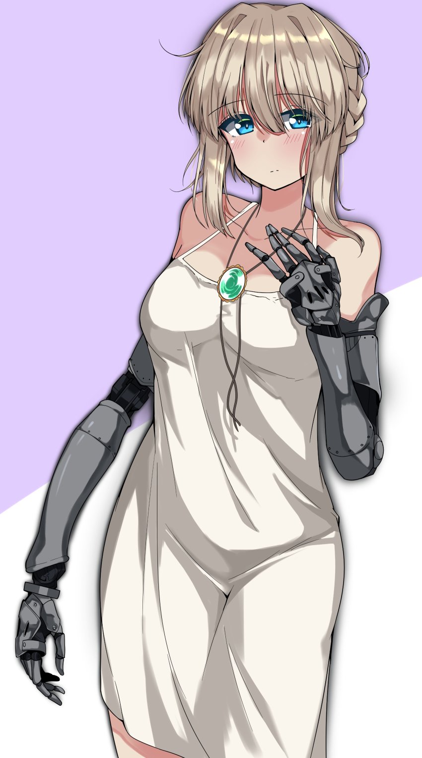 1girl absurdres amputee aqua_gemstone armless_amputee blonde_hair blue_eyes blush closed_mouth collarbone expressionless from_side gem highres jewelry kshimu looking_at_viewer mechanical_arms necklace short_hair solo violet_evergarden violet_evergarden_(series)