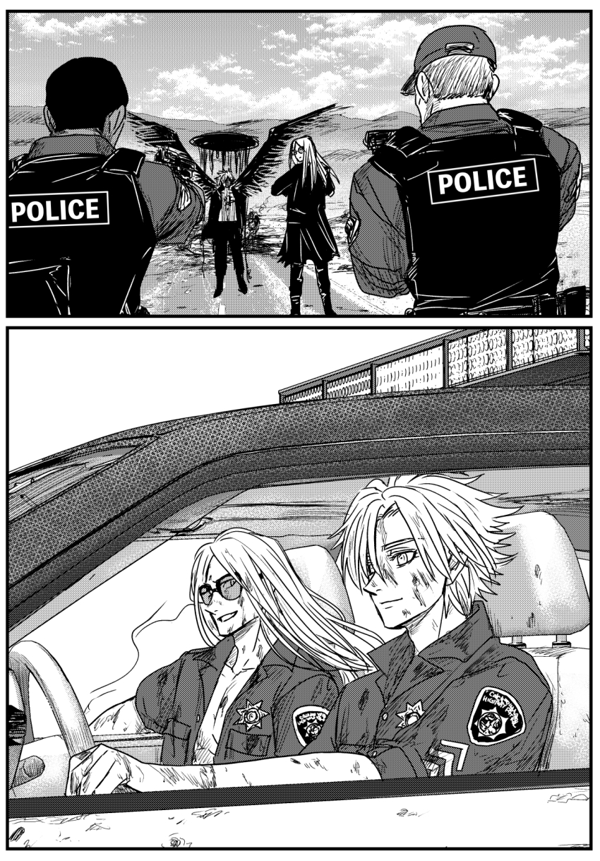 2boys baseball_cap car daybit_sem_void fate/grand_order fate_(series) greyscale gun halo hat highres holding holding_gun holding_weapon implied_murder monochrome motor_vehicle multiple_boys police police_uniform tezcatlipoca_(fate) wakkamaji weapon wings