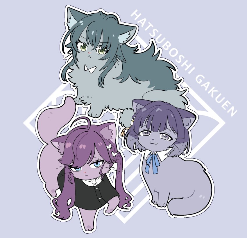 :3 ahoge animal animal_ear_fluff animal_focus animalization bags_under_eyes blue_eyes blue_ribbon cat closed_mouth clothed_animal collar commentary_request detached_collar gakuen_idolmaster green_eyes green_hair grey_background grey_eyes hair_flaps hataya_misuzu highres idolmaster kaya_rinha korean_commentary long_hair looking_at_viewer millcookie_pro mole mole_under_mouth neck_ribbon no_humans outline purple_hair ribbon short_hair simple_background tsukimura_temari twintails white_collar white_outline