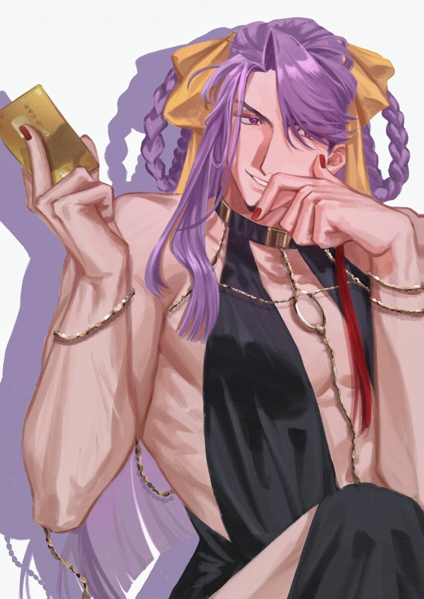 1boy bara bb_(fate) bb_dubai_(fate) bb_dubai_(fate)_(cosplay) black_dress braid braided_hair_rings cosplay covered_erect_nipples cowboy_shot crossdressing crossdressing_(mtf) dress duryodhana_(fate) earrings fabulous facial_hair fate/grand_order fate_(series) goatee goatee_stubble hair_ribbon hair_rings hand_on_own_cheek hand_on_own_face highres holding itotouru_05 jewelry knee_up large_pectorals long_hair looking_at_viewer male_focus mature_male muscular muscular_male pectorals purple_eyes purple_hair red_nails ribbon seductive_smile sidepec smile solo stubble thick_eyebrows yellow_ribbon
