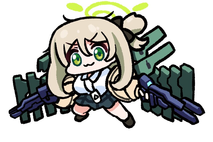 1girl :3 absurdres beam_rifle black_bow black_shoes black_skirt blue_archive bow breasts chibi chibi_only closed_mouth collared_shirt cosplay double-parted_bangs dual_wielding energy_gun green_eyes green_halo gun gundam gundam_00 gundam_00_a_wakening_of_the_trailblazer gundam_zabanya gundam_zabanya_(cosplay) hair_between_eyes hair_bow hair_bun halo highres holding holding_gun holding_weapon id_card lanyard large_breasts legs_apart light_brown_hair long_hair looking_at_viewer mecha_musume nonomi_(blue_archive) outstretched_arms panatisia school_uniform shirt shoes simple_background single_side_bun skirt solo spread_arms v-shaped_eyebrows weapon white_background white_shirt