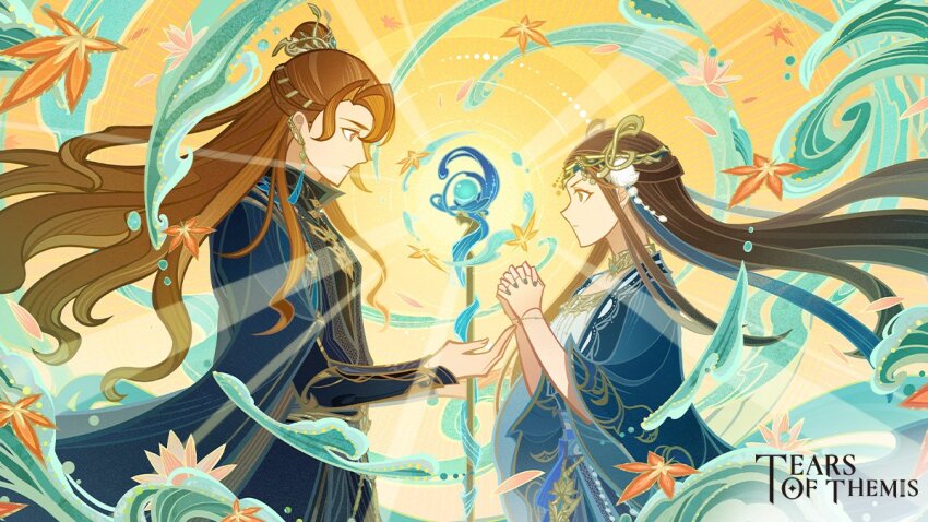 1boy 1girl blue_nails blue_robe brown_eyes brown_hair commentary copyright_name english_commentary eye_contact falling_leaves hair_bun hands_up interlocked_fingers leaf long_hair long_sleeves looking_at_another luke_pearce_(tears_of_themis) nail_polish official_art orb own_hands_clasped own_hands_together profile robe rosa_(tears_of_themis) shirt staff tears_of_themis very_long_hair white_shirt wide_sleeves