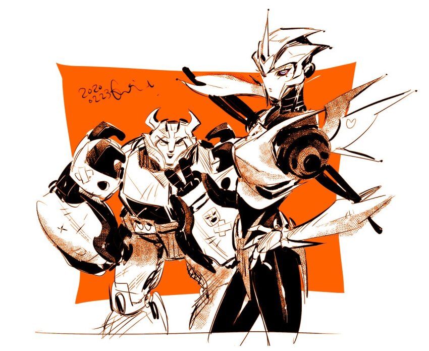 1boy 1girl arcee arcee_(prime) cliffjumper commentary cowboy_shot dated hand_on_own_hip hand_on_own_neck hand_on_own_thigh horns kotteri looking_at_viewer orange_background profile robot robot_girl simple_background smile transformers transformers_prime v