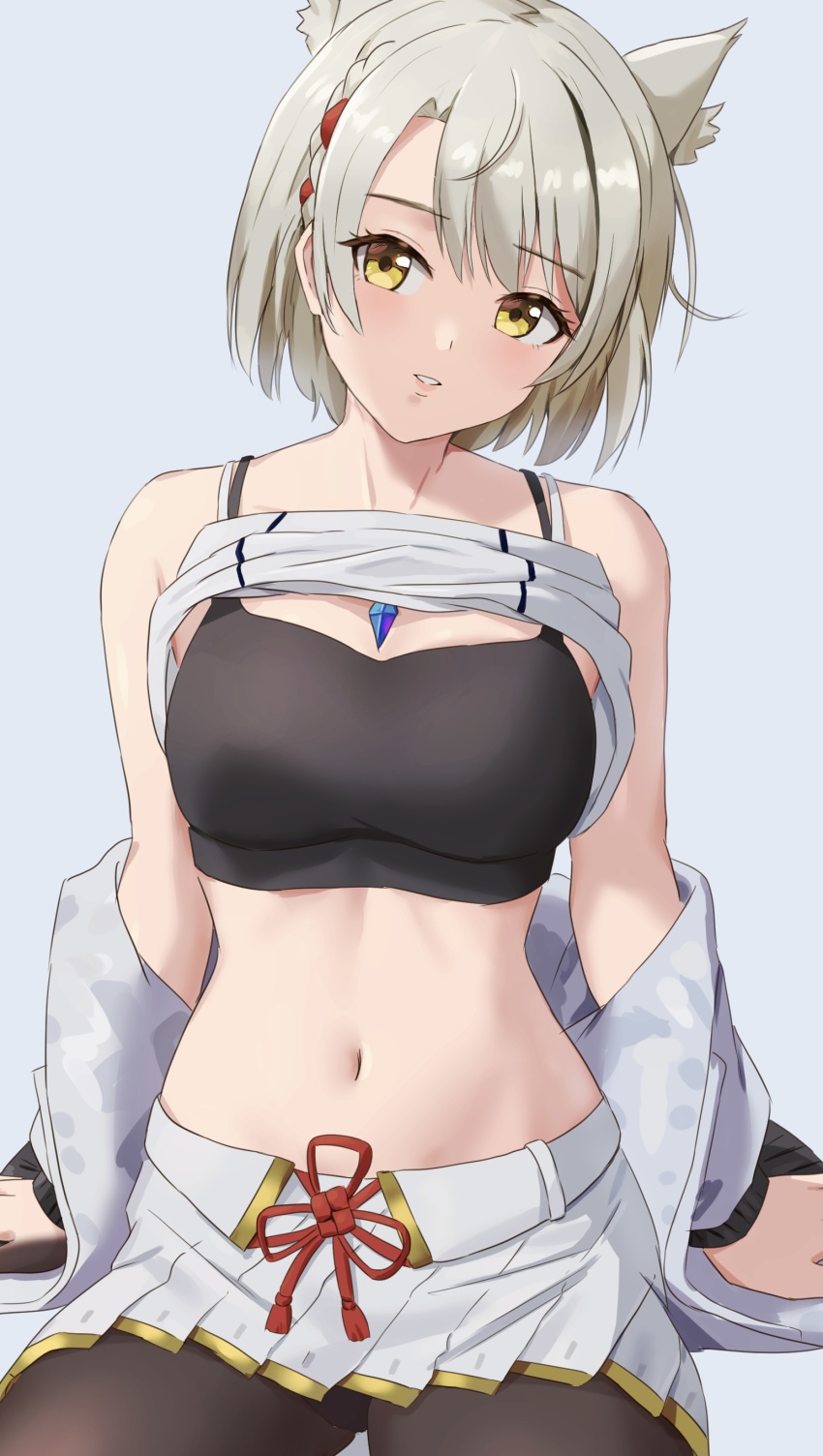 1girl absurdres amayo_thranana animal_ears bare_shoulders black_bra bob_cut bra breasts camisole cat_ears cat_girl chest_jewel commentary_request head_tilt highres jacket leggings medium_breasts mio_(xenoblade) navel pleated_skirt shoulder_strap skirt solo stomach tank_top underwear white_camisole white_hair white_jacket white_skirt white_tank_top xenoblade_chronicles_(series) xenoblade_chronicles_3