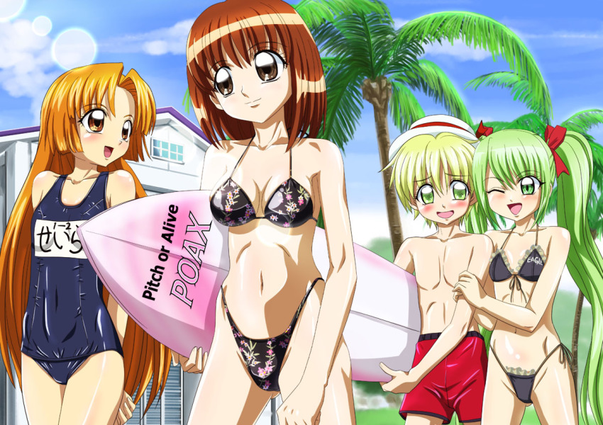 00s 1boy 3girls amagi_mikaru ankoku_tiger bikini blue_one-piece_swimsuit blue_school_swimsuit highleg highleg_bikini hippo_(mermaid_melody_pichi_pichi_pitch) holding holding_surfboard male_swimwear mermaid_melody_pichi_pichi_pitch multiple_girls name_tag official_style old_school_swimsuit one-piece_swimsuit red_male_swimwear red_swim_trunks school_swimsuit seira_(mermaid_melody_pichi_pichi_pitch) surfboard swim_trunks swimsuit yuuri_(mermaid_melody_pichi_pichi_pitch)