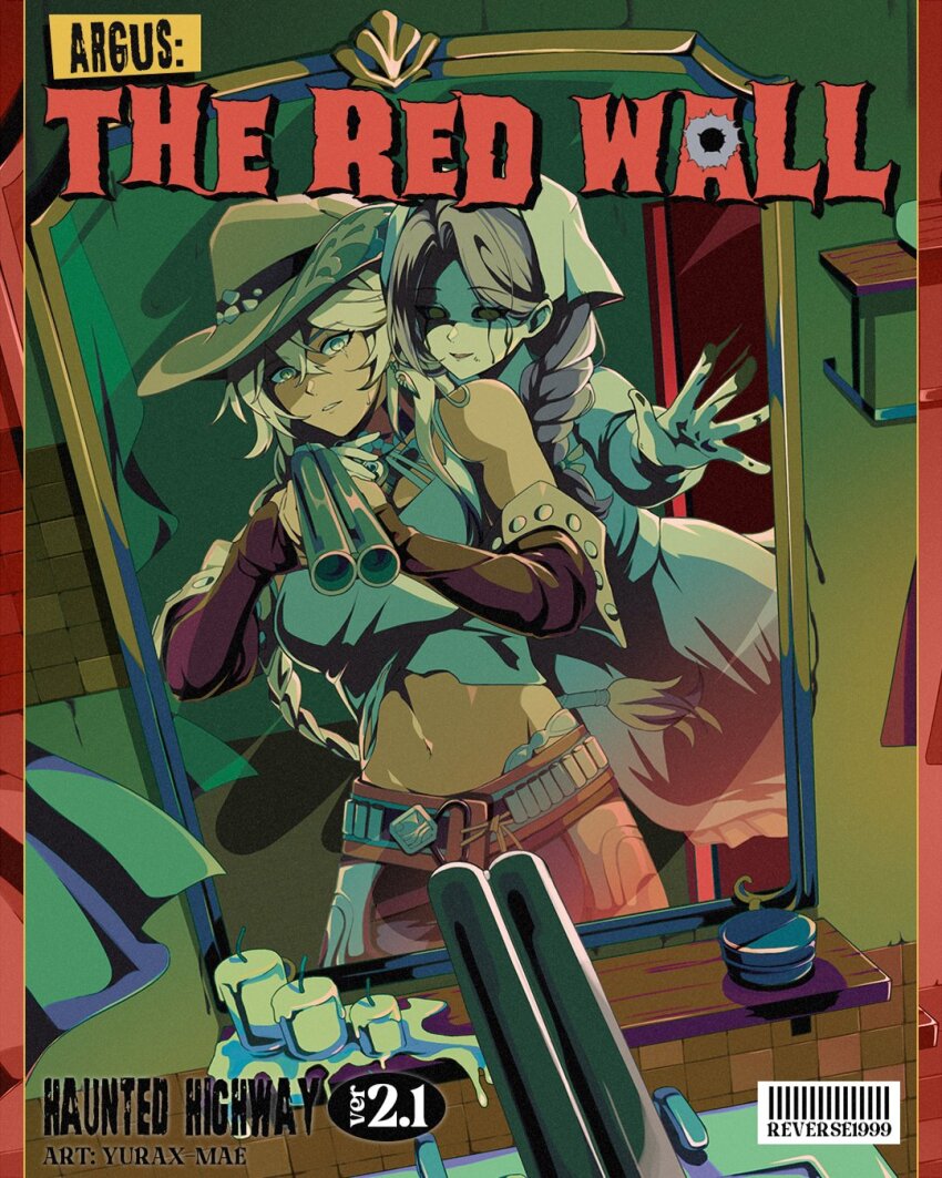 2girls argus_(reverse:1999) barcode bare_shoulders behind_another blonde_hair blue_pants braid brown_choker brown_hair brown_hat brown_sleeves bullet_hole candle character_name choker copyright_name cowboy_hat detached_sleeves dress english_text gun hat headscarf highres holding holding_gun holding_weapon hollow_eyes indoors kayla_(reverse:1999) liquid_from_eyes long_braid looking_at_viewer midriff mirror multiple_girls navel outstretched_arm outstretched_hand pants parted_lips reflection reflection_focus reverse:1999 rifle scar scar_across_eye scar_on_face single_braid sink sweat tank_top weapon yurax-mae