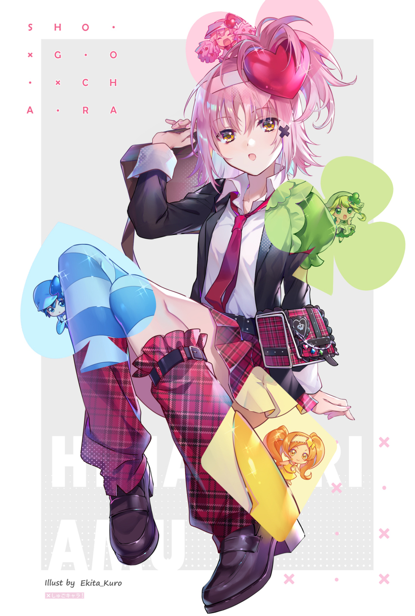 5girls absurdres bag black_jacket blazer border collared_shirt copyright_name dia_(shugo_chara!) ekita_kuro grey_background guardian_chara hair_ornament heart heart_hair_ornament highres hinamori_amu jacket leg_warmers long_sleeves miki_(shugo_chara!) multiple_girls necktie open_mouth orange_eyes pink_hair plaid_clothes plaid_leg_warmers plaid_legwear plaid_skirt ran_(shugo_chara!) red_necktie red_skirt school_bag school_uniform shirt shugo_chara! skirt suu_(shugo_chara!) white_border white_shirt