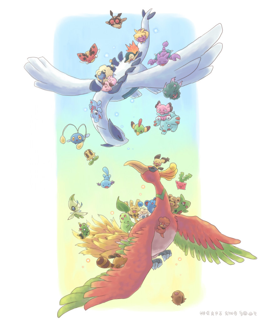 00s 1990s_(style) alternate_hairstyle animal_focus bad_id bad_pixiv_id bird bug celebi chikorita chinchou claws cleffa creatures_(company) cyndaquil elekid english_text falling flying game_freak gen_2_pokemon gligar highres ho-oh hoothoot hoppip igglybuff larvitar leaf ledyba legendary_pokemon lugia magby mareep marill misdreavus mythical_pokemon natu nintendo no_humans on_head phanpy pichu pokemon pokemon_(creature) pokemon_gsc pokemon_hgss pokemon_on_head retro_artstyle riding riding_pokemon sentret sheep sky smoochum snubbull spiky-eared_pichu spinarak starter_pokemon_trio sunkern swinub teddiursa togepi totodile unown unown_a unown_d unown_e unown_h unown_l unown_n unown_o unown_r unown_s unown_t unown_u unownglyphics upao wings wooper yurano_(upao)