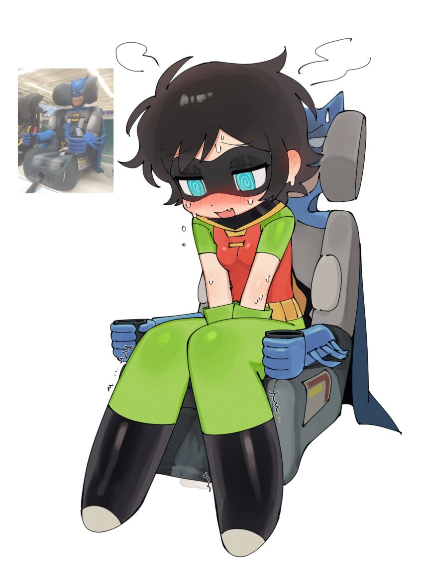 1girl @_@ batman_(series) batrobin_k black_hair blue_eyes blush boots breasts cape car_seat dc_comics domino_mask embarrassed full-face_blush gloves green_gloves highres mask robin_(batrobin_k) robin_(dc) short_hair simple_background small_breasts spandex sweat white_background