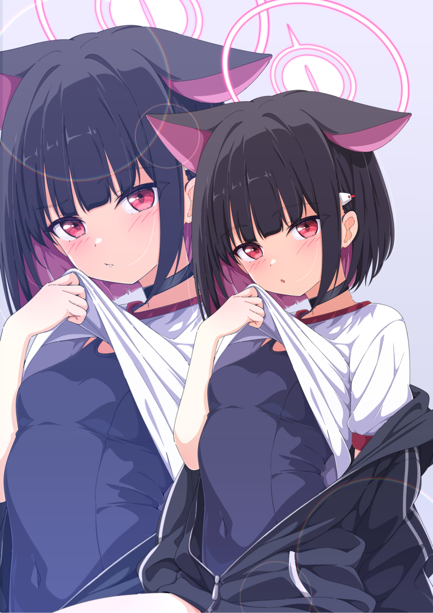 1girl absurdres animal_ears black_choker black_hair black_jacket blue_archive blue_one-piece_swimsuit breasts cat_ears cat_girl choker closed_mouth clothes_lift colored_inner_hair covered_navel different_zoom_layer extra_ears halo highres jacket kame_(nokonoko10271) kazusa_(blue_archive) lifting_own_clothes long_sleeves looking_at_viewer multicolored_hair one-piece_swimsuit open_mouth partially_unzipped pink_eyes pink_hair pink_halo shirt shirt_lift short_hair short_sleeves sitting small_breasts swimsuit swimsuit_under_clothes two-tone_hair white_shirt zoom_layer