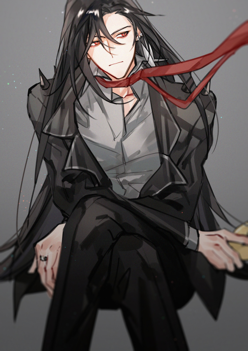 1boy absurdres alternate_costume azha8 black_hair black_jacket black_pants closed_mouth clothes_grab collared_shirt crossed_arms crossed_legs ear_piercing expressionless facing_viewer feet_out_of_frame grey_background grey_shirt hair_between_eyes highres holding invisible_chair jacket jewelry lapels lianhua_blood_duck_(the_tale_of_food) long_hair long_sleeves male_focus necktie necktie_grab neckwear_grab notched_lapels open_clothes open_collar open_jacket out_of_frame pants piercing red_eyes red_necktie ring shirt shoulder_spikes side_part sideways_glance single_sidelock sitting solo spikes the_tale_of_food