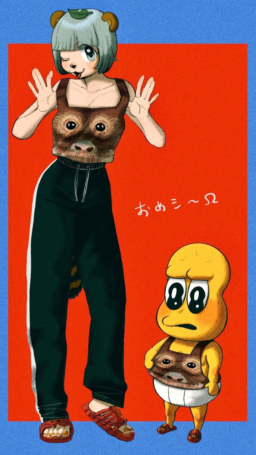 1boy 1girl :3 \||/ absurdres alternate_costume animal_ears animal_nose bald black_eyes black_pants blue_border blunt_bangs blush bob_cut border breasts briefs cleavage collarbone colored_skin commentary_request fang film_grain frown full_body grey_eyes grey_hair hands_up heel_up height_difference highres keihan! leaf leaf_on_head looking_at_viewer male_underwear medium_breasts mode_aim no_socks one_eye_closed open_mouth orangutan pants peanuts-kun photo_inset ponpoko_(vtuber) print_shirt print_tank_top raccoon_ears raccoon_girl raccoon_tail red_background sandals shirt short_hair simple_background smile spaghetti_strap standing sweatpants tail tank_top translation_request underwear virtual_youtuber white_male_underwear yellow_skin