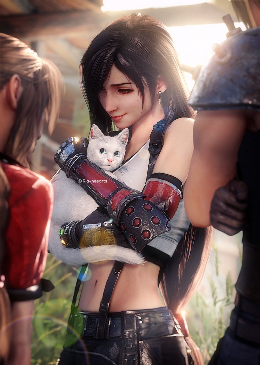 1boy 2girls 3d aerith_gainsborough animal armor bare_shoulders black_hair black_skirt blonde_hair blurry blurry_background blurry_foreground brown_hair cat cloud_strife detached_sleeves earrings final_fantasy final_fantasy_vii final_fantasy_vii_remake gloves highres holding holding_animal jacket jewelry long_hair looking_at_another low-tied_long_hair midriff multiple_girls navel red_eyes red_jacket ria-neearts shoulder_armor skirt square_enix suspender_skirt suspenders tank_top tifa_lockhart twitter_username white_tank_top