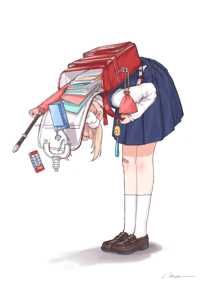 1girl absurdres accident aged_down backpack bag bandaid bandaid_on_knee bandaid_on_leg blonde_hair bowing brown_shoes child crime_prevention_buzzer falling flute highres indie_virtual_youtuber instrument loafers pouch randoseru recorder recorder_case school_uniform shigure_ui_(vtuber) shigure_ui_(vtuber)_(young) shoes signature simana simple_background socks solo spilling standing virtual_youtuber white_background white_socks