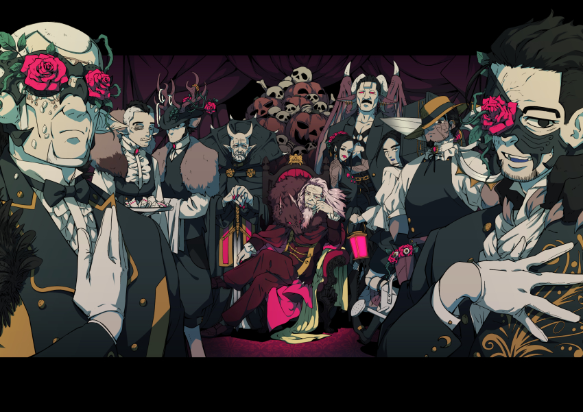 1girl 6+boys absurdres antlers black_eyes black_headwear character_request dark-skinned_male dark_skin demon_horns demon_wings eyepatch fangs flower gloves golden_kamuy halloween hat highres hijikata_toshizou_(golden_kamuy) holding holding_sword holding_weapon horns ienaga_kano indoors jack-o&#039;-lantern kadokura_(golden_kamuy) koito_otonoshin lipstick long_sideburns looking_at_viewer maddy makeup mohawk multiple_boys nagakura_shinpachi_(golden_kamuy) ogata_hyakunosuke oni oni_horns pile_of_skulls red_eyes red_flower red_rose rose sideburns sitting sword throne toni_anji tray ushiyama_tatsuma vampire waiter weapon white_gloves wings